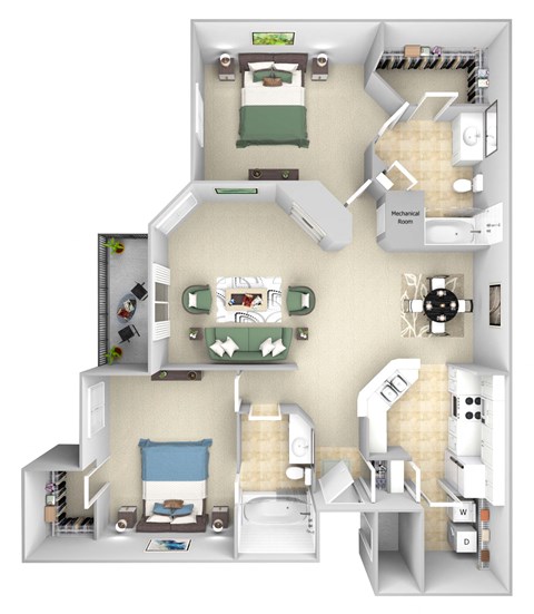Lantern Woods - B3 - The Charleston - 2 bedroom - 2 bath - 3D floor plan